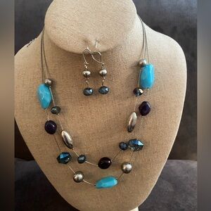 Silvertone Necklace W/Turquoise, Black, Silver, Blue Beads And Matching Earrings